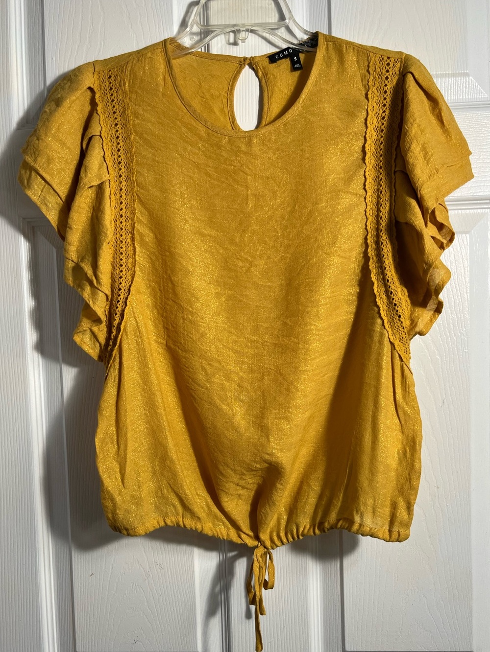 Cómo Black Golden Mustard Ruffle Sleeve Women's Top S